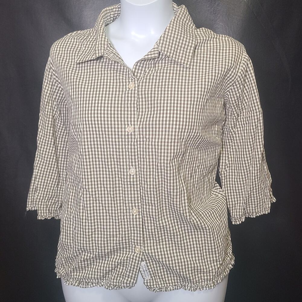 Vintage 90s Route 66 green and white plaid button-down shirt ruffles size 20